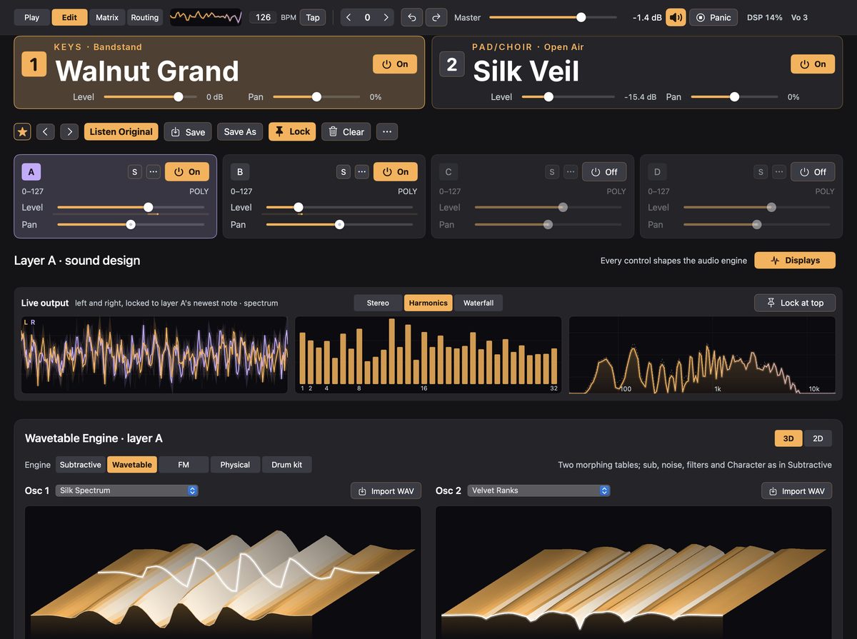 KiMiA Edit view: two patches, Walnut Grand and Silk Veil, layers A to D, the live output scope, harmonics and spectrum, and the Wavetable engine with two 3D tables