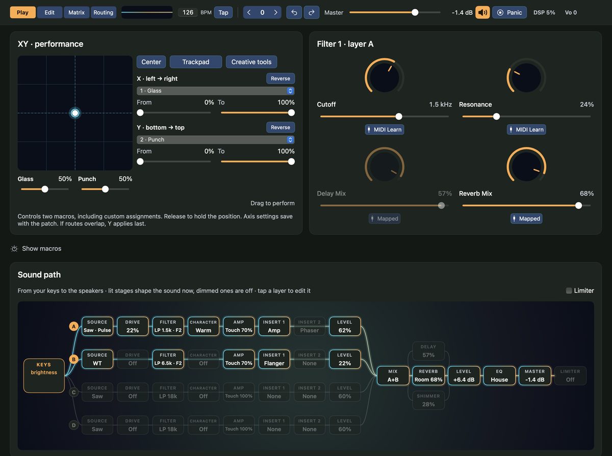 KiMiA Play view: an XY performance pad on two macros, Filter 1 knobs with MIDI Learn, and the sound path from the keys through each layer to the master